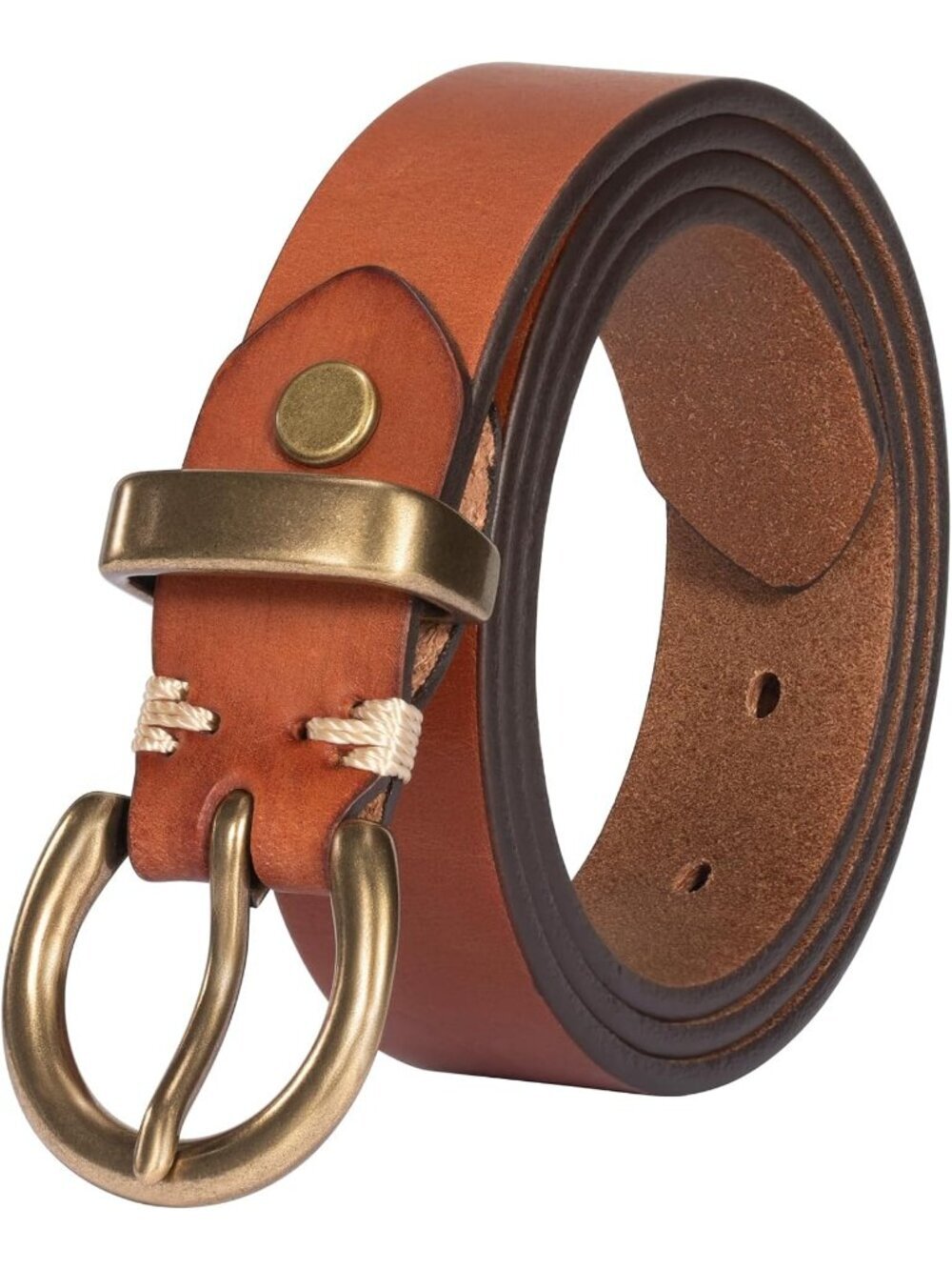 Women Tan Leather Belt Genuine Leather Belt Vintage Solid Brass Circle Buckle